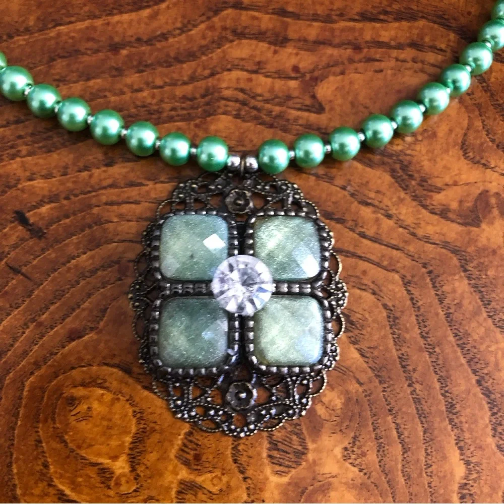 Handcrafted repurpose speckle green glass pendant Czech glass Pearl necklace